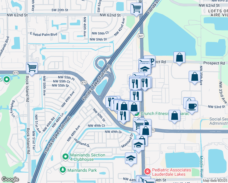 map of restaurants, bars, coffee shops, grocery stores, and more near 118 Treehouse Lane in Tamarac