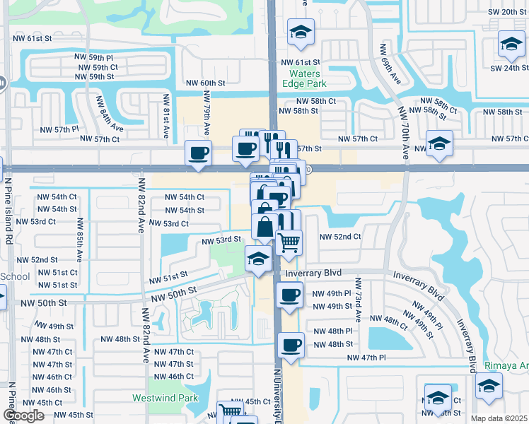 map of restaurants, bars, coffee shops, grocery stores, and more near 5437 North University Drive in Lauderhill