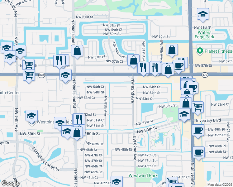 map of restaurants, bars, coffee shops, grocery stores, and more near 8310 Northwest 82nd Terrace in Lauderhill