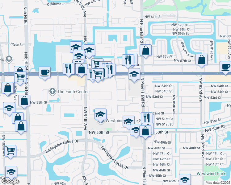 map of restaurants, bars, coffee shops, grocery stores, and more near 5490 Northwest 92nd Avenue in Sunrise