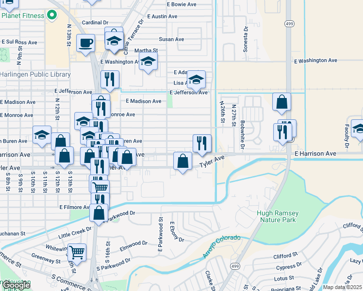 map of restaurants, bars, coffee shops, grocery stores, and more near 2202 E Van Buren Ave in Harlingen