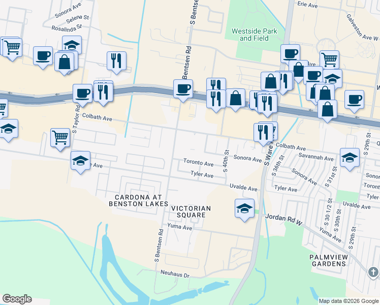 map of restaurants, bars, coffee shops, grocery stores, and more near 4220 Toronto Avenue in McAllen