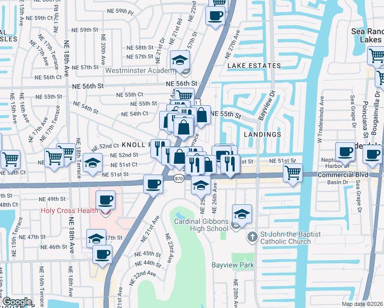 map of restaurants, bars, coffee shops, grocery stores, and more near 2455 Northeast 51st Street in Fort Lauderdale