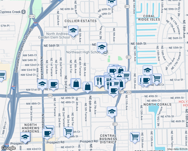 map of restaurants, bars, coffee shops, grocery stores, and more near 5217 Northeast 6th Avenue in Fort Lauderdale