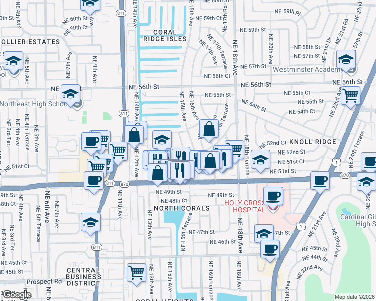 map of restaurants, bars, coffee shops, grocery stores, and more near 5130 Northeast 14th Terrace in Fort Lauderdale