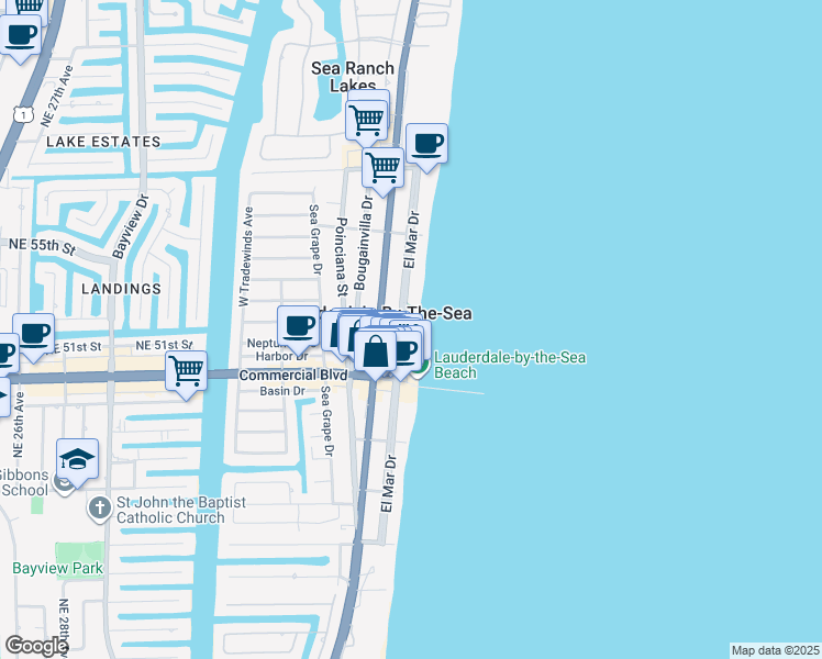 map of restaurants, bars, coffee shops, grocery stores, and more near 4444 El Mar Drive in Lauderdale-by-the-Sea