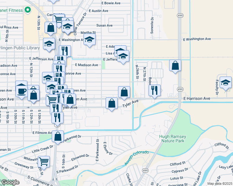 map of restaurants, bars, coffee shops, grocery stores, and more near 2202 E Van Buren Ave in Harlingen