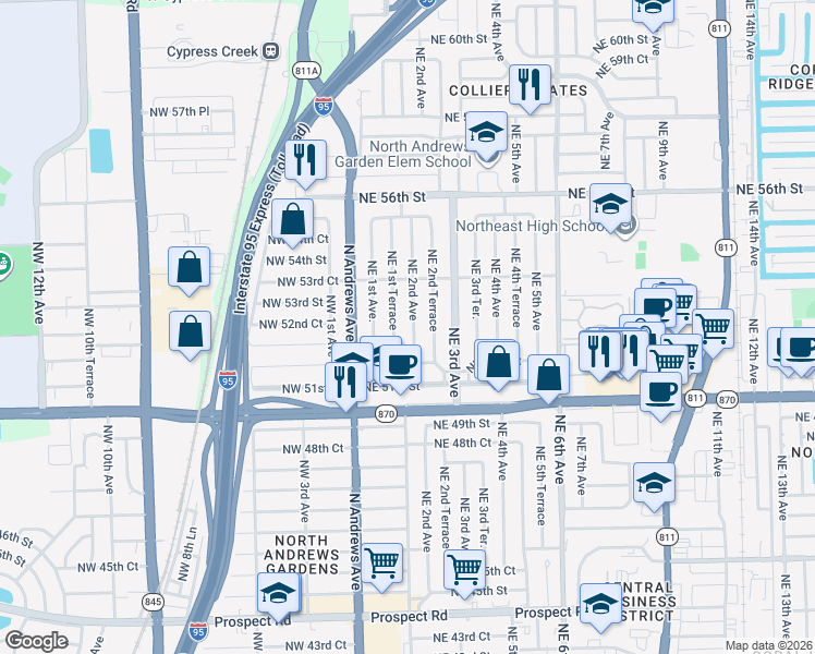 map of restaurants, bars, coffee shops, grocery stores, and more near 5249 Northeast 2nd Avenue in Fort Lauderdale