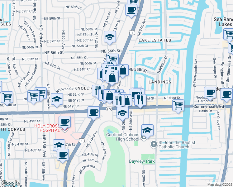map of restaurants, bars, coffee shops, grocery stores, and more near 5200 Northeast 24th Terrace in Fort Lauderdale