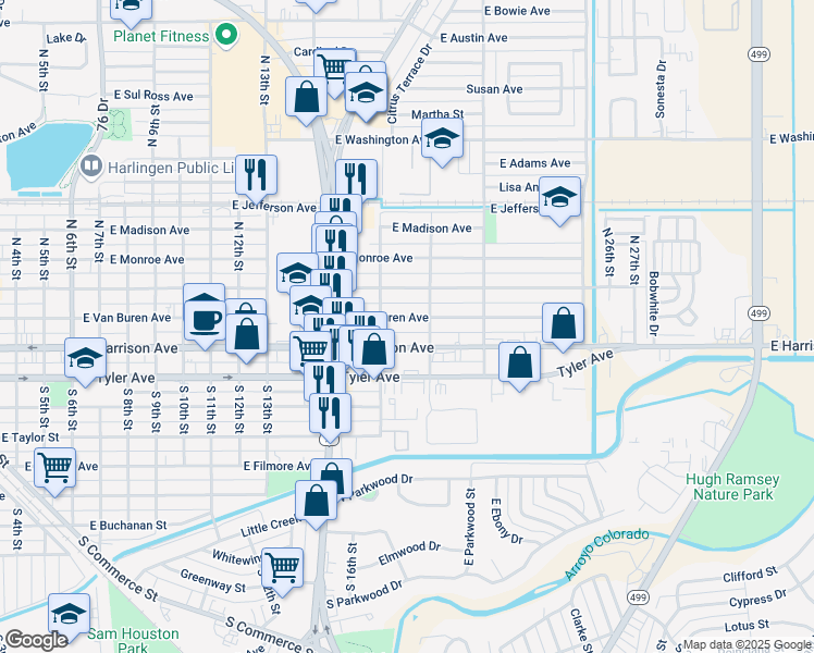 map of restaurants, bars, coffee shops, grocery stores, and more near 1802 E Van Buren Ave in Harlingen