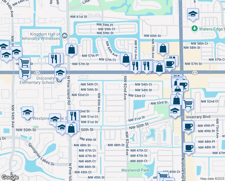 map of restaurants, bars, coffee shops, grocery stores, and more near 8310 Northwest 82nd Terrace in Lauderhill
