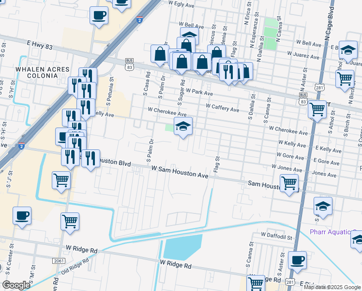 map of restaurants, bars, coffee shops, grocery stores, and more near 517 South Sugar Road in Pharr