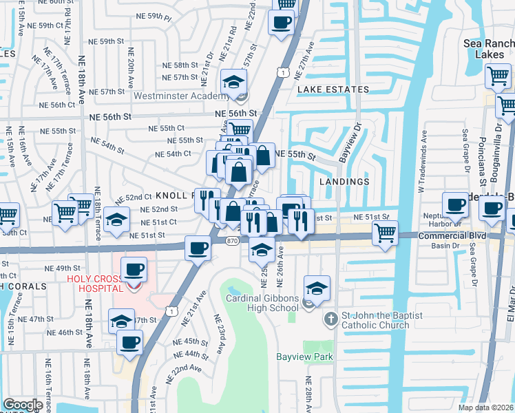 map of restaurants, bars, coffee shops, grocery stores, and more near 2455 Northeast 51st Street in Fort Lauderdale