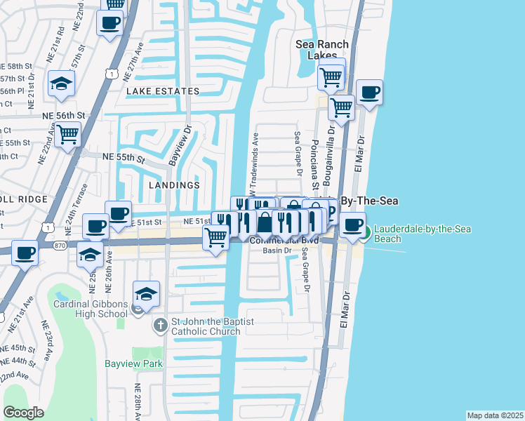 map of restaurants, bars, coffee shops, grocery stores, and more near 266 Bombay Avenue in Lauderdale-by-the-Sea