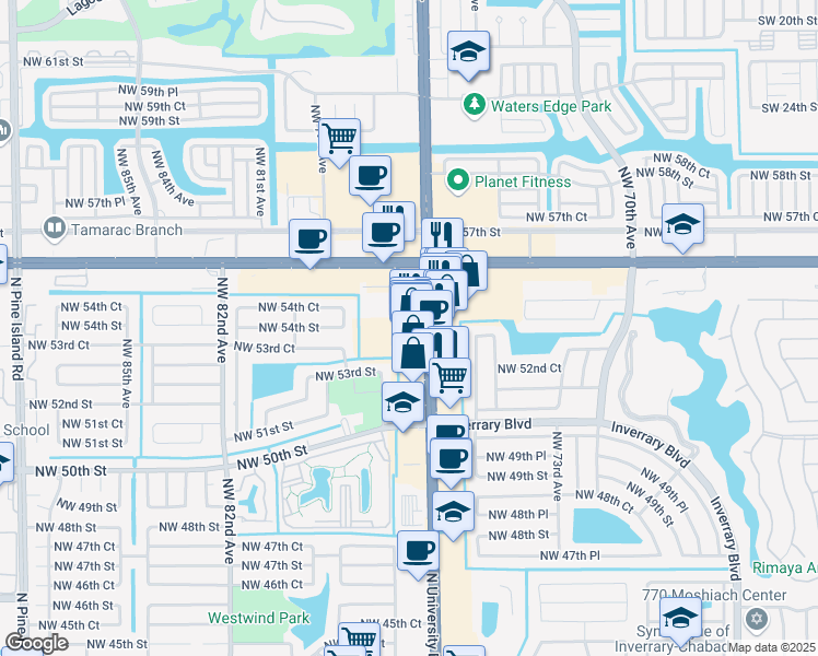 map of restaurants, bars, coffee shops, grocery stores, and more near 5437 North University Drive in Lauderhill