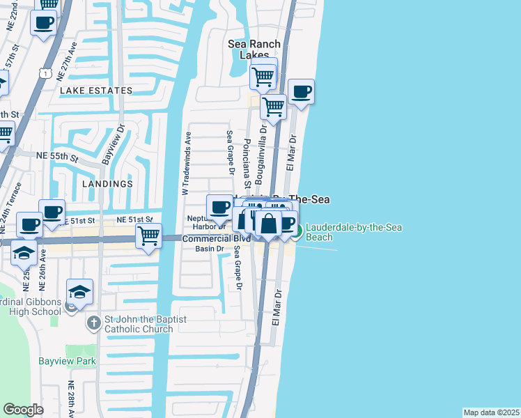 map of restaurants, bars, coffee shops, grocery stores, and more near in Lauderdale-by-the-Sea