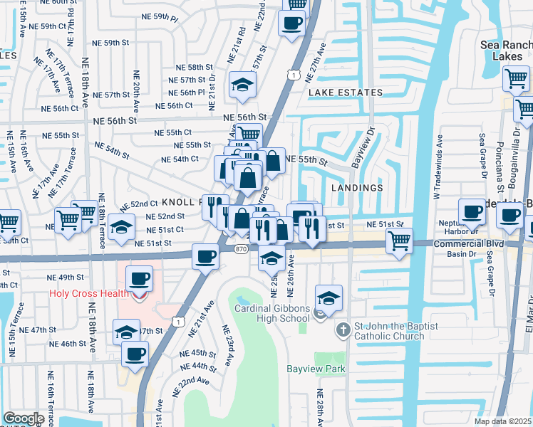 map of restaurants, bars, coffee shops, grocery stores, and more near 2455 Northeast 51st Street in Fort Lauderdale