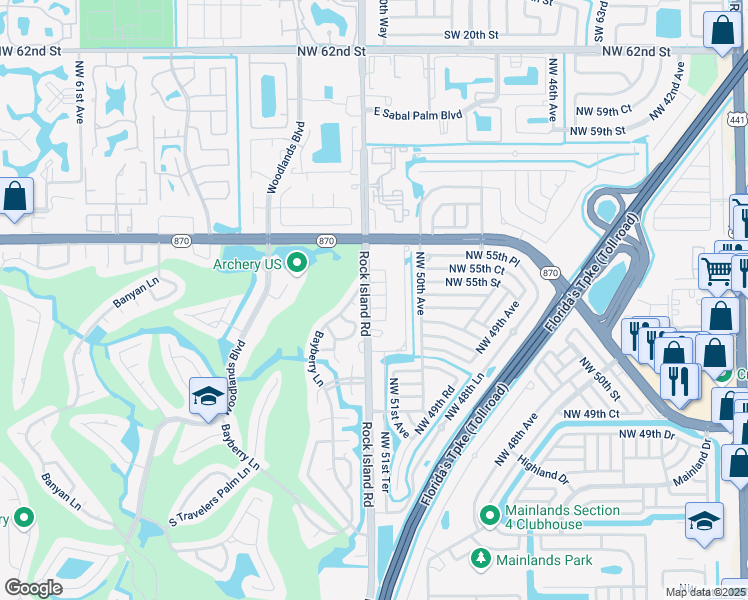 map of restaurants, bars, coffee shops, grocery stores, and more near 5404 Bayberry Lane in Tamarac