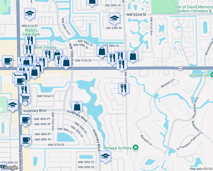 map of restaurants, bars, coffee shops, grocery stores, and more near 5309 Northwest 66th Avenue in Lauderhill