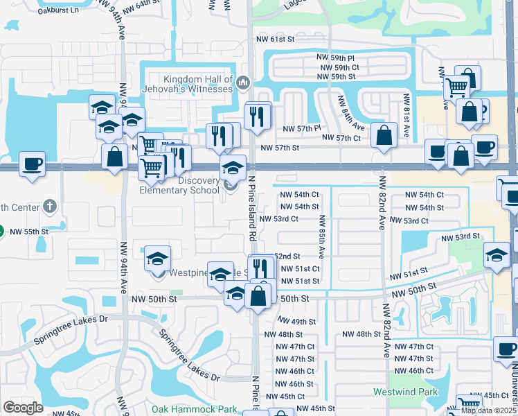 map of restaurants, bars, coffee shops, grocery stores, and more near 5350 Northwest 88th Avenue in Sunrise