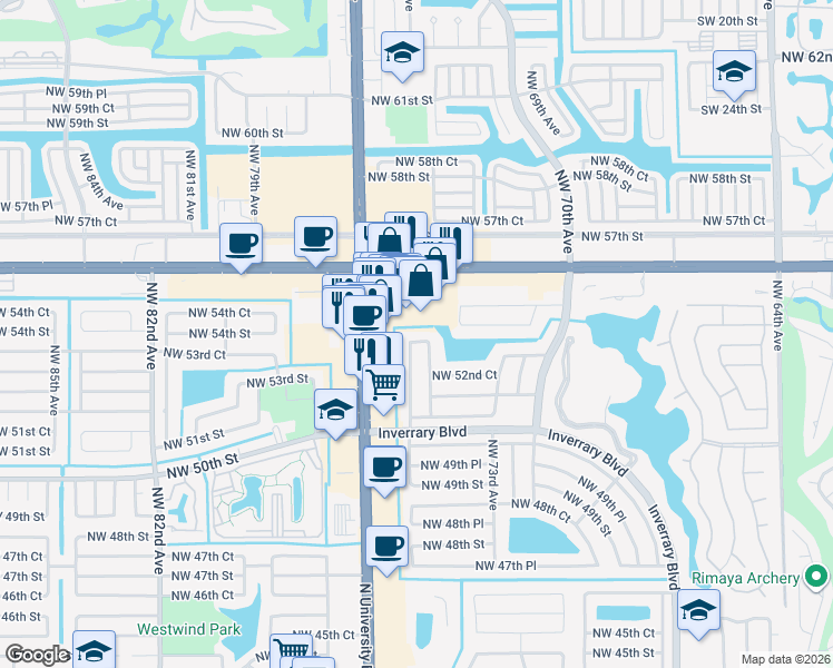 map of restaurants, bars, coffee shops, grocery stores, and more near 7475 Northwest 53rd Street in Lauderhill