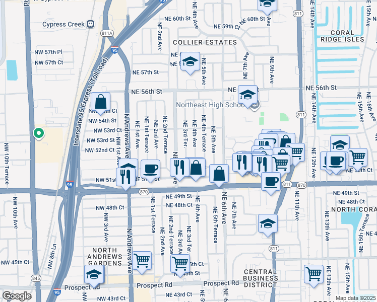 map of restaurants, bars, coffee shops, grocery stores, and more near 5224 Northeast 3rd Terrace in Fort Lauderdale