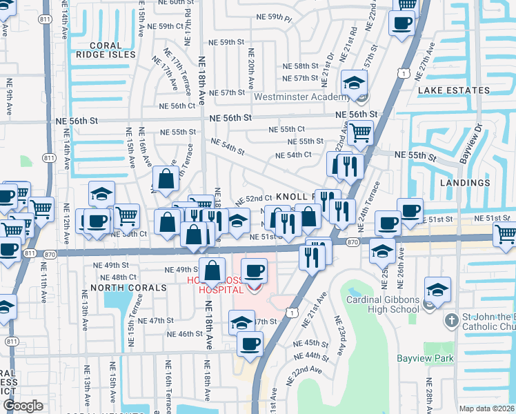 map of restaurants, bars, coffee shops, grocery stores, and more near 2011 Northeast 52nd Street in Fort Lauderdale