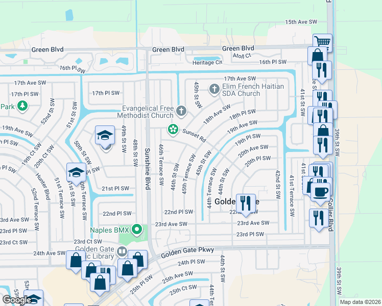 map of restaurants, bars, coffee shops, grocery stores, and more near 1953 45th Terrace Southwest in Naples