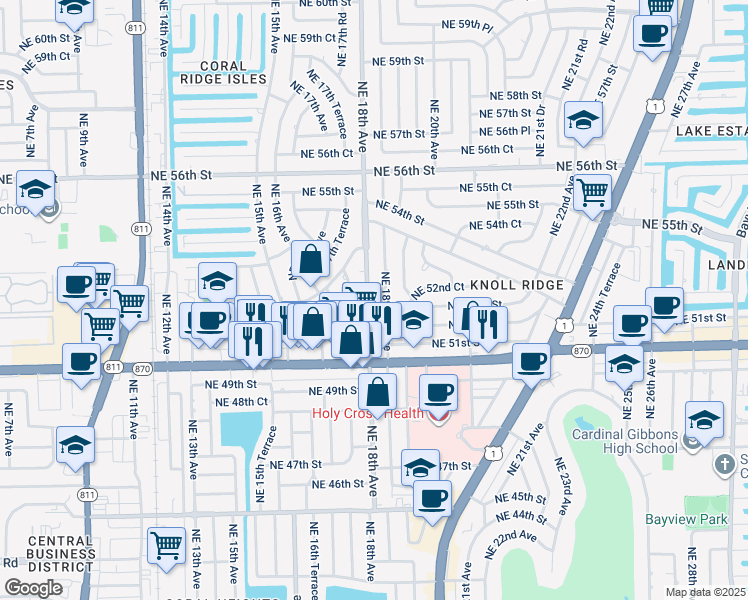 map of restaurants, bars, coffee shops, grocery stores, and more near 5180 Northeast 18th Avenue in Fort Lauderdale