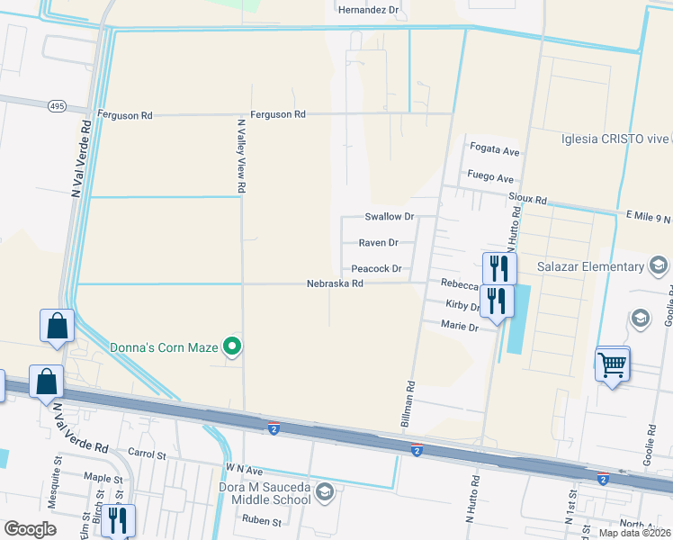 map of restaurants, bars, coffee shops, grocery stores, and more near 3005 Green Jay Street in Donna