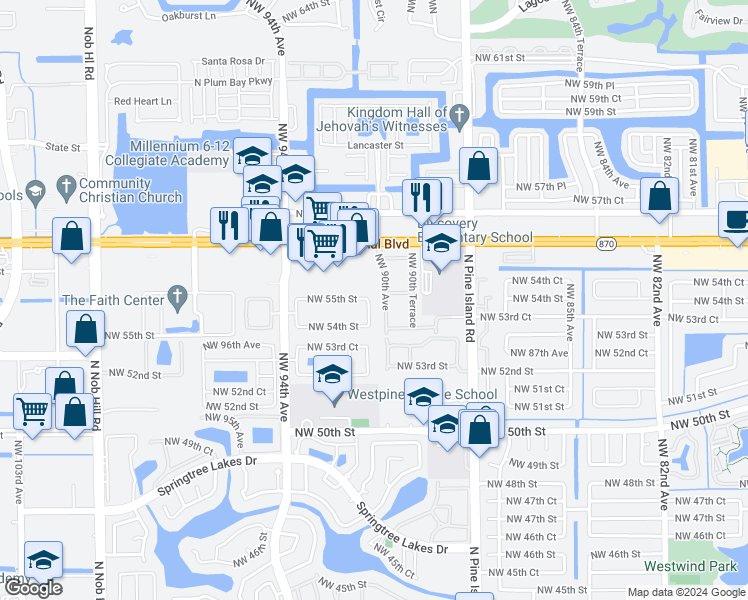 map of restaurants, bars, coffee shops, grocery stores, and more near 5490 Northwest 92nd Avenue in Sunrise