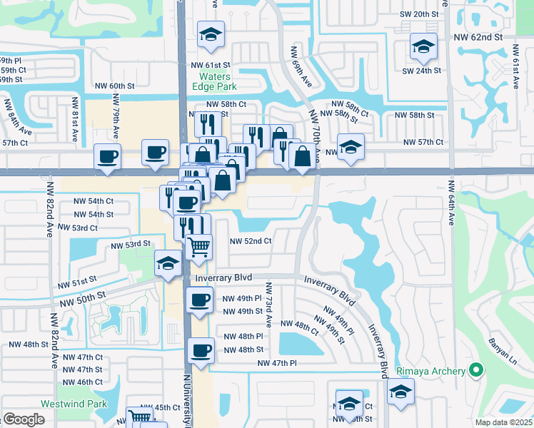 map of restaurants, bars, coffee shops, grocery stores, and more near 7340 Northwest 54th Street in Lauderhill