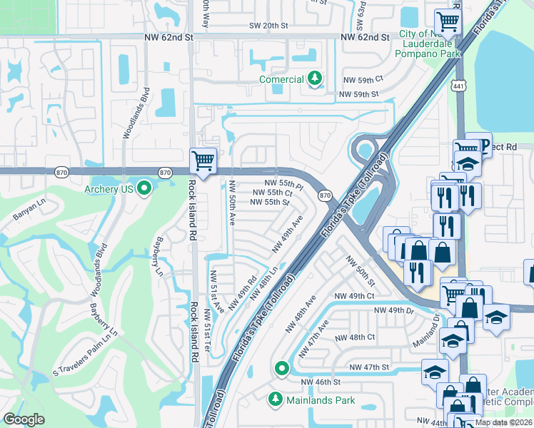 map of restaurants, bars, coffee shops, grocery stores, and more near 4918 Northwest 54th Court in Tamarac