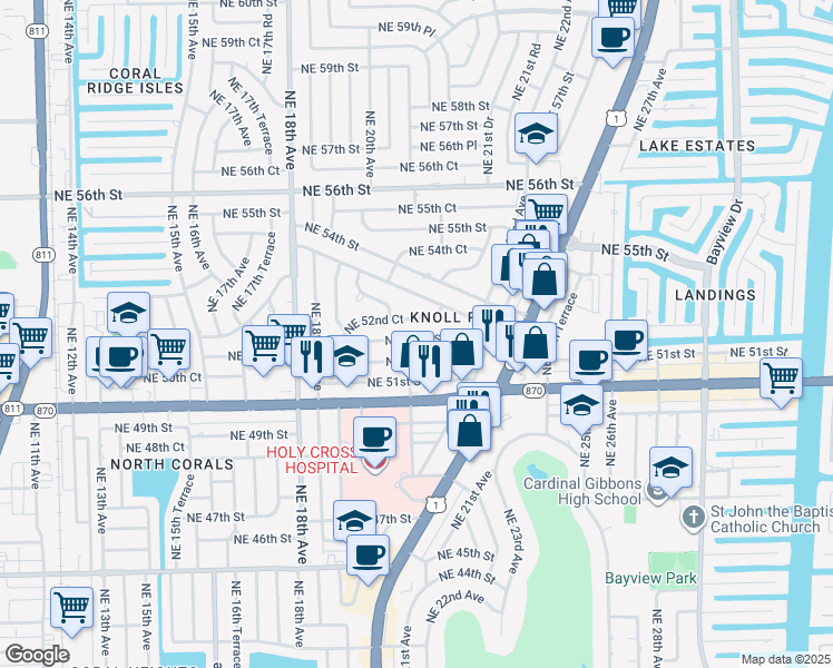 map of restaurants, bars, coffee shops, grocery stores, and more near 2131 Northeast 52nd Street in Fort Lauderdale