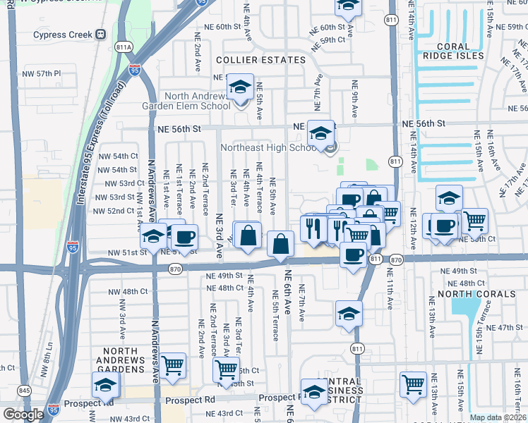 map of restaurants, bars, coffee shops, grocery stores, and more near 5224 Northeast 4th Terrace in Fort Lauderdale
