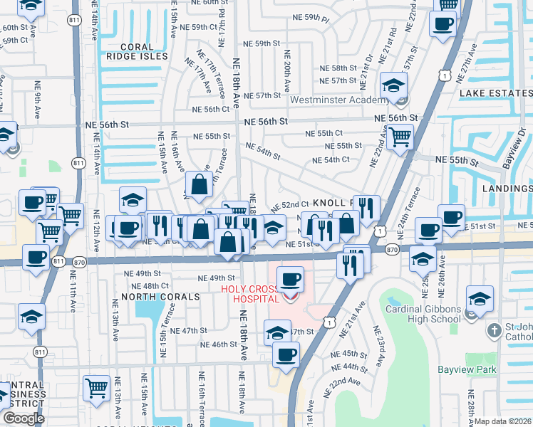 map of restaurants, bars, coffee shops, grocery stores, and more near 5201 Northeast 19th Avenue in Fort Lauderdale