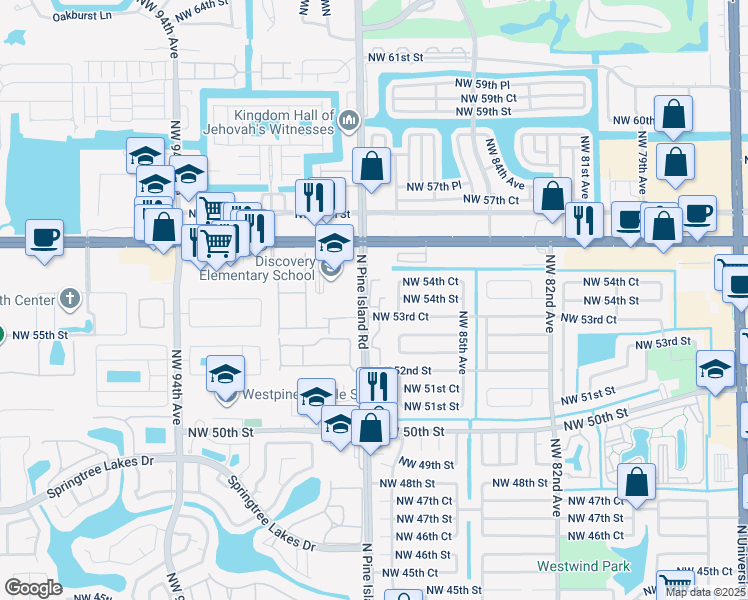 map of restaurants, bars, coffee shops, grocery stores, and more near 5350 Northwest 88th Avenue in Sunrise