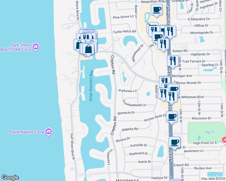map of restaurants, bars, coffee shops, grocery stores, and more near 3777 Crayton Road in Naples