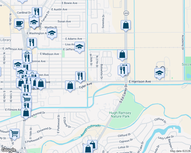 map of restaurants, bars, coffee shops, grocery stores, and more near 204 South 27th Street in Harlingen