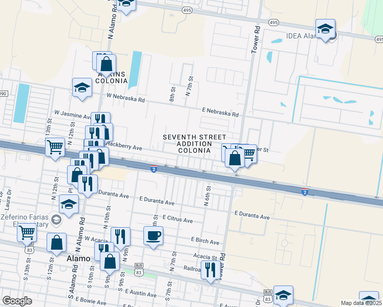 map of restaurants, bars, coffee shops, grocery stores, and more near 610 E Hackberry Ave in Alamo