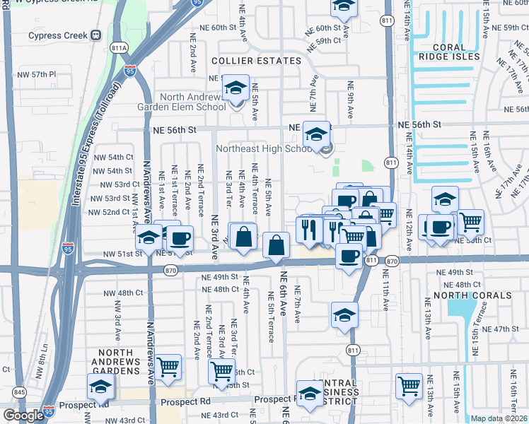 map of restaurants, bars, coffee shops, grocery stores, and more near 5225 Northeast 5th Avenue in Fort Lauderdale