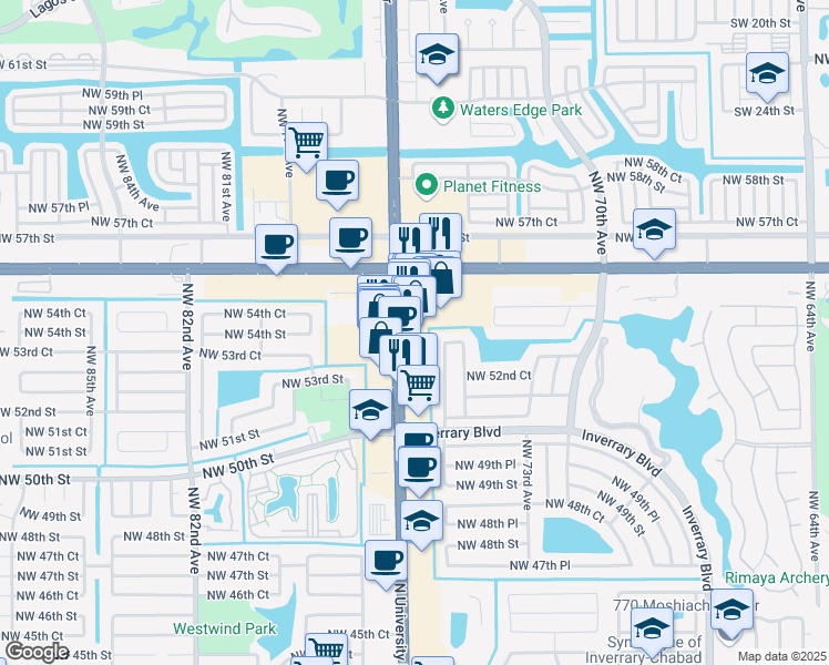 map of restaurants, bars, coffee shops, grocery stores, and more near 5460 North University Drive in Lauderhill