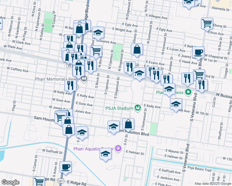 map of restaurants, bars, coffee shops, grocery stores, and more near 302 South Dogwood Street in Pharr