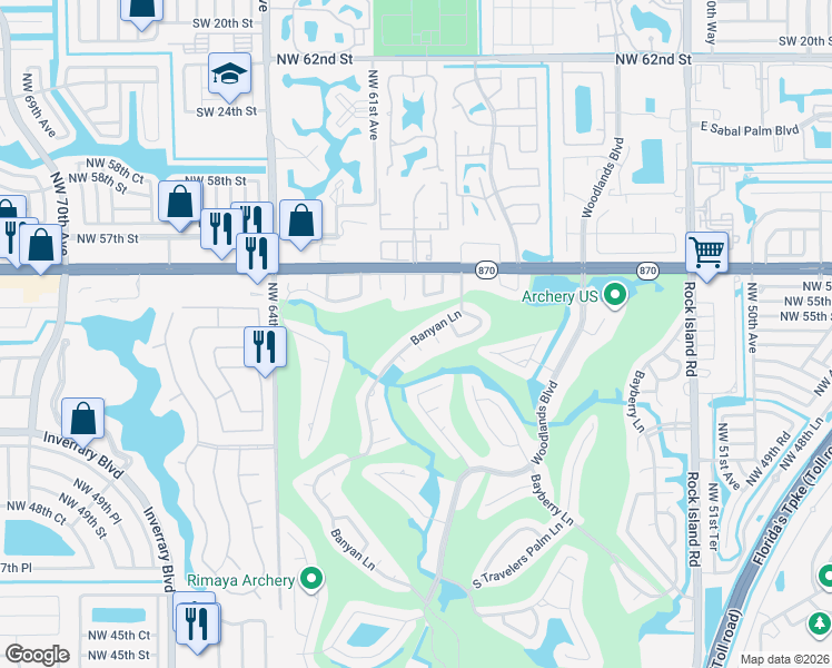 map of restaurants, bars, coffee shops, grocery stores, and more near 5401 Banyan Lane in Tamarac
