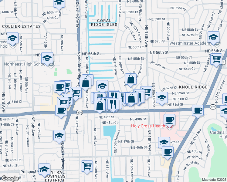 map of restaurants, bars, coffee shops, grocery stores, and more near 5201 Northeast 14th Terrace in Fort Lauderdale