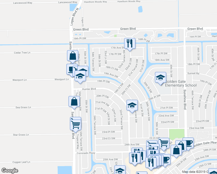map of restaurants, bars, coffee shops, grocery stores, and more near 5281 Hunter Boulevard in Naples
