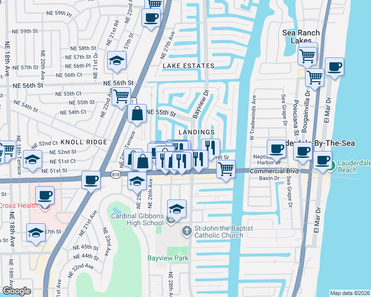 map of restaurants, bars, coffee shops, grocery stores, and more near 2920 Northeast 52nd Street in Fort Lauderdale