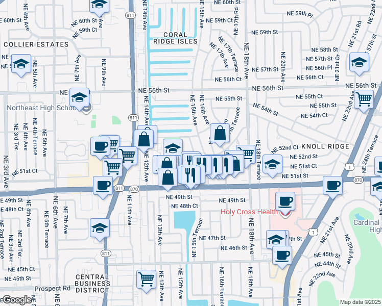 map of restaurants, bars, coffee shops, grocery stores, and more near 5130 Northeast 14th Terrace in Fort Lauderdale