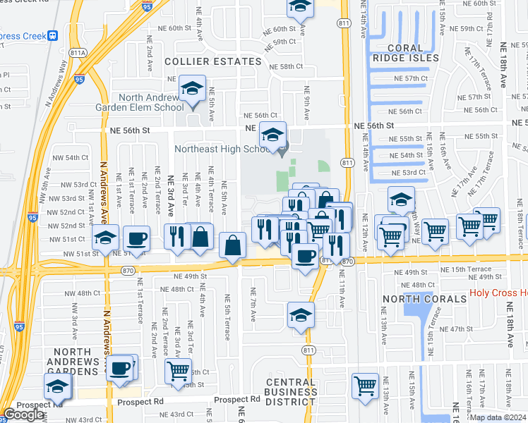 map of restaurants, bars, coffee shops, grocery stores, and more near 5220 Northeast 6th Avenue in Oakland Park