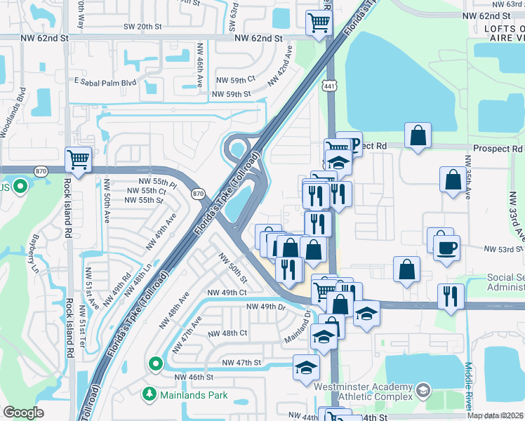 map of restaurants, bars, coffee shops, grocery stores, and more near 118 Treehouse Lane in Tamarac